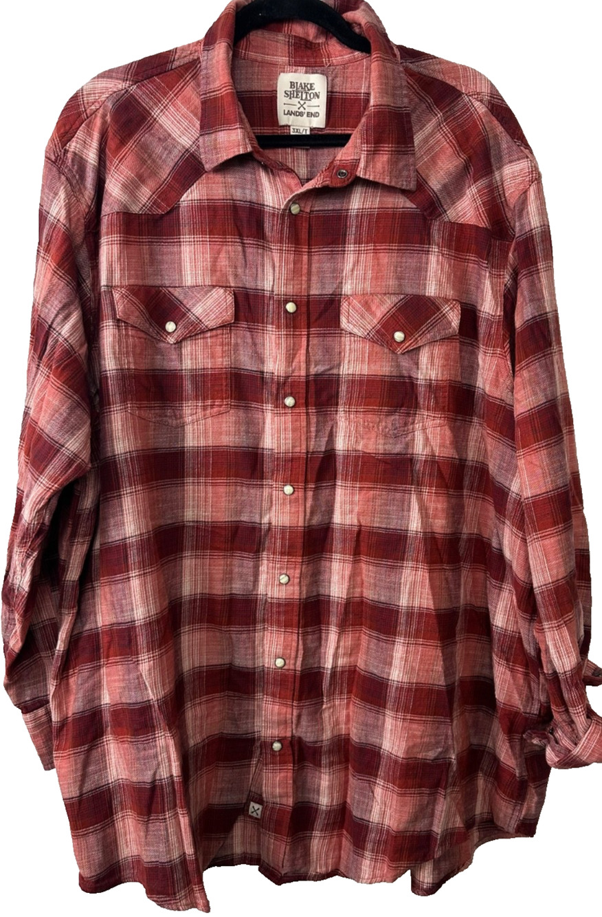 Blake Shelton x Lands End Flannel Shirt Mens 3XL/T Plaid Pearl Snap Cotton C27